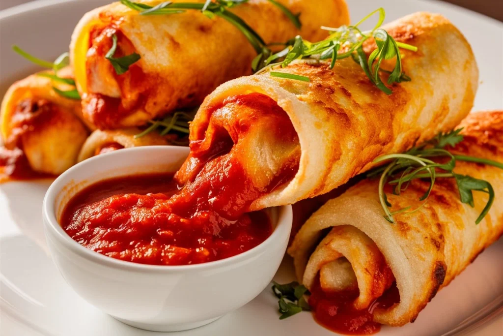 A plate of warm, crispy pizza roll-ups sprinkled with Italian seasoning.