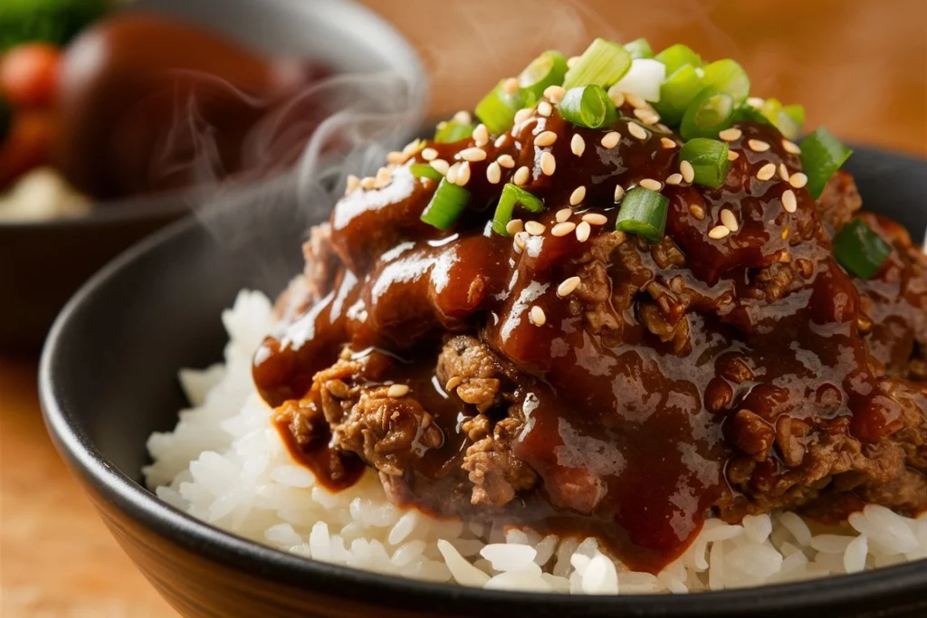 Korean Ground Beef being cooked in a pan
