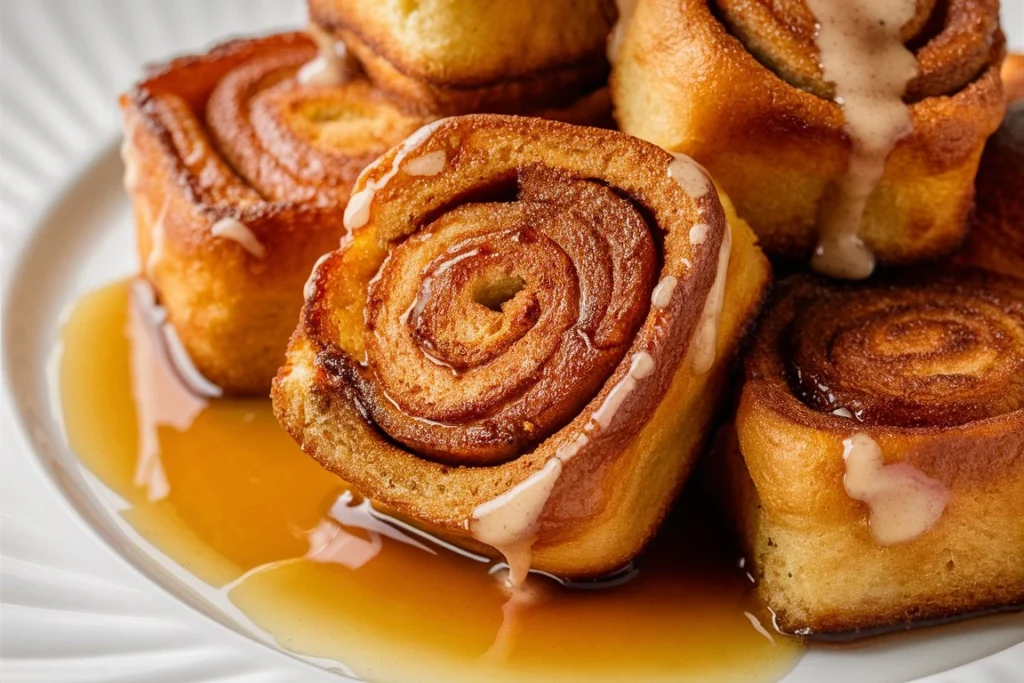 Close-up of Cinnamon Roll French Toast, showing the crispy edges and gooey center