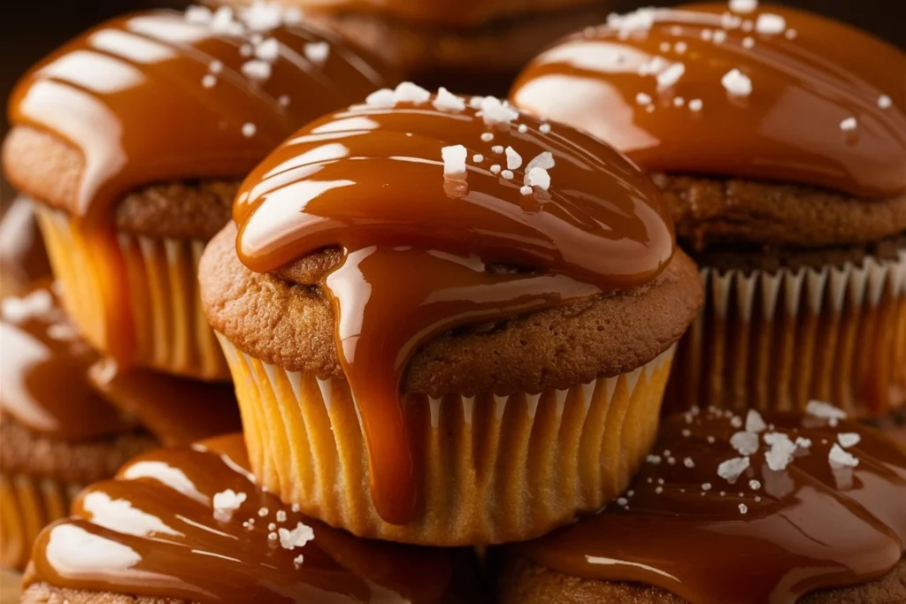 Close-up of a gooey salted caramel cupcake with caramel oozing from the center, topped with swirls of caramel frosting