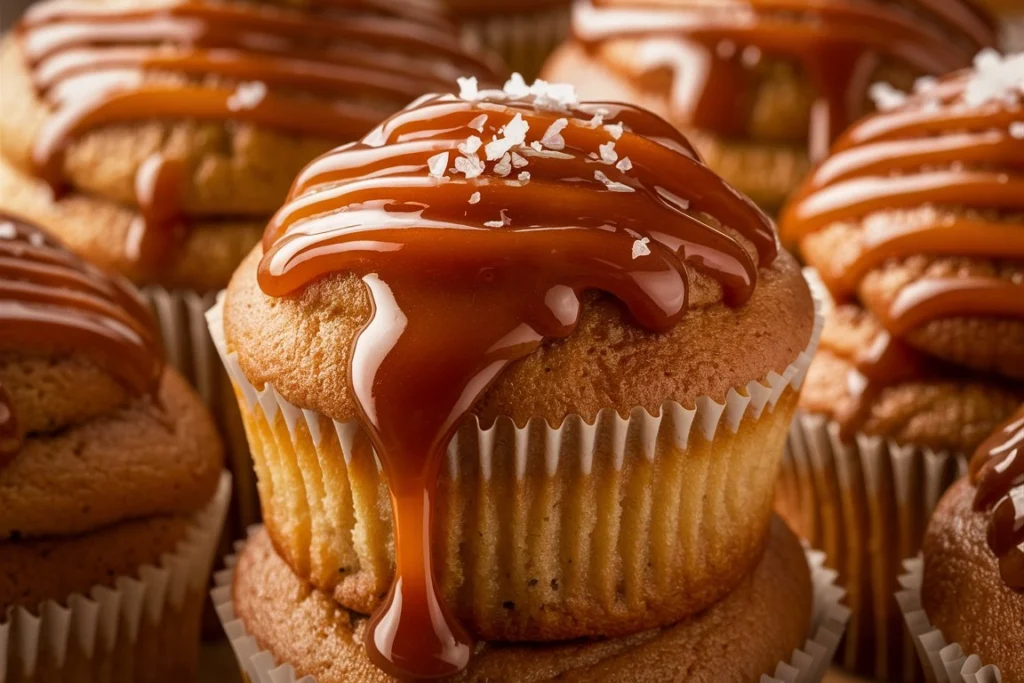 Decadent salted caramel cupcakes with caramel frosting and a glossy caramel drizzle, garnished with sea salt flakes.
