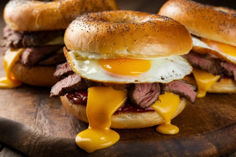 Juicy steak, fluffy eggs, and melted cheese layered on a golden toasted bagel, served on a wooden board