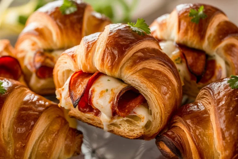 Freshly baked Mozzarella Pepperoni Croissant Rolls on a baking sheet, golden brown and oozing with melted cheese.