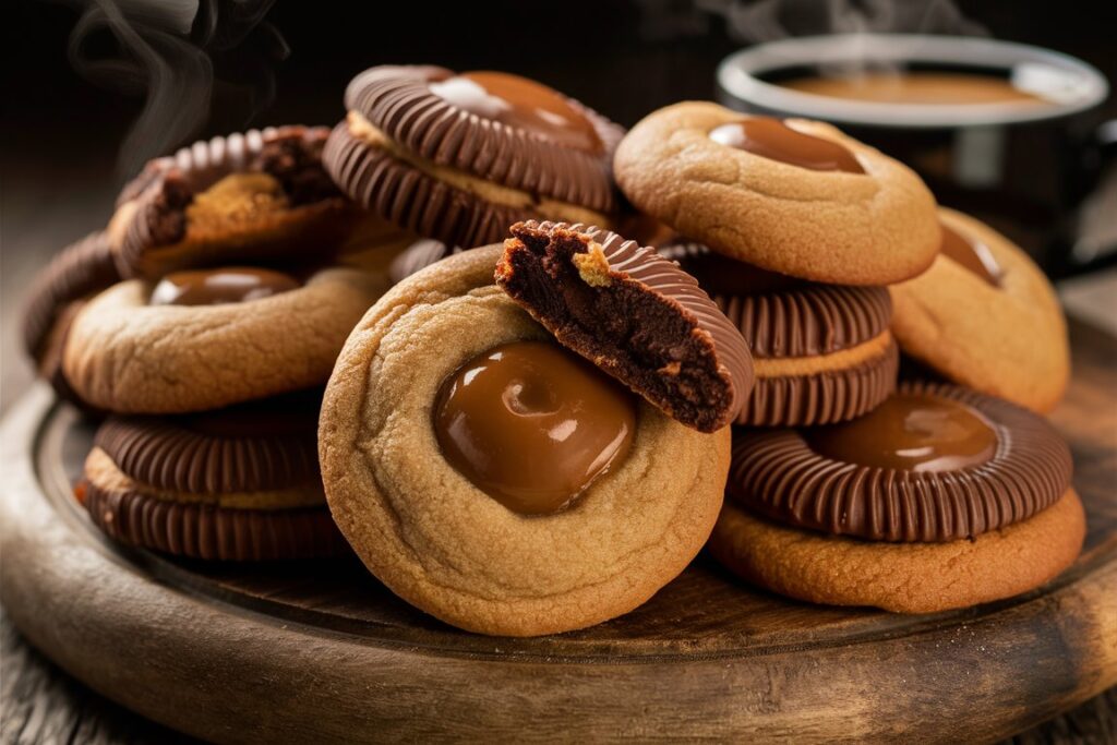 Caramel chocolate cookies with gooey caramel and chocolate chips