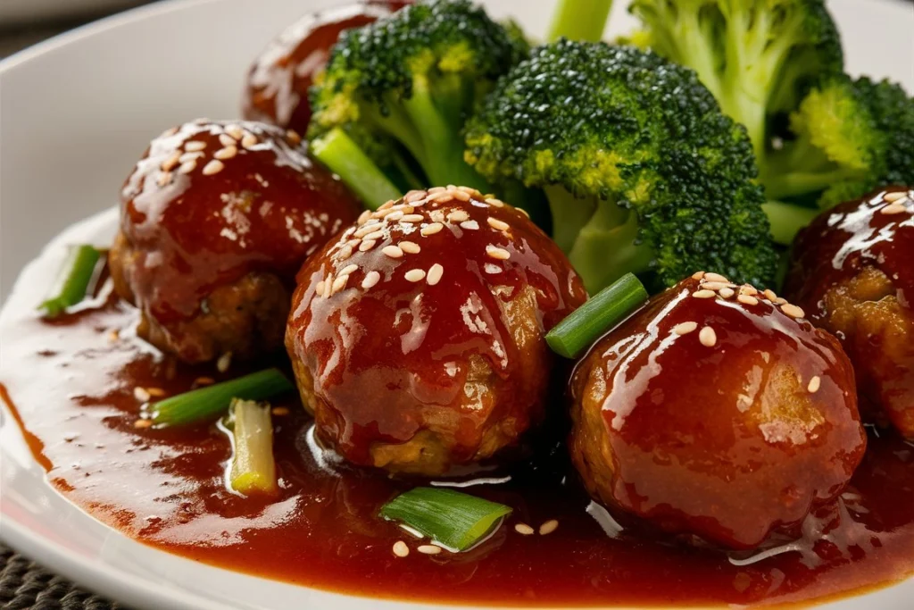 A plate of homemade Mongolian Meatballs drizzled in a sticky brown sauce, paired with tender steamed broccoli, and topped with sesame seeds.