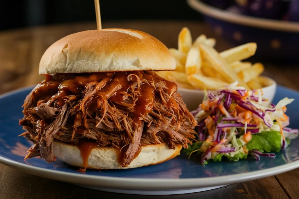 Shredded BBQ beef on a toasted bun with crispy onions and pickles