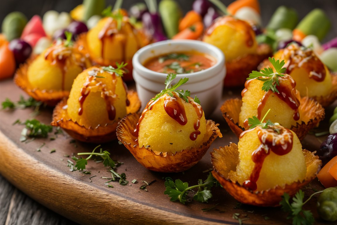 Mini Yukon Gold potato skins filled with cheese, bacon, and green onions