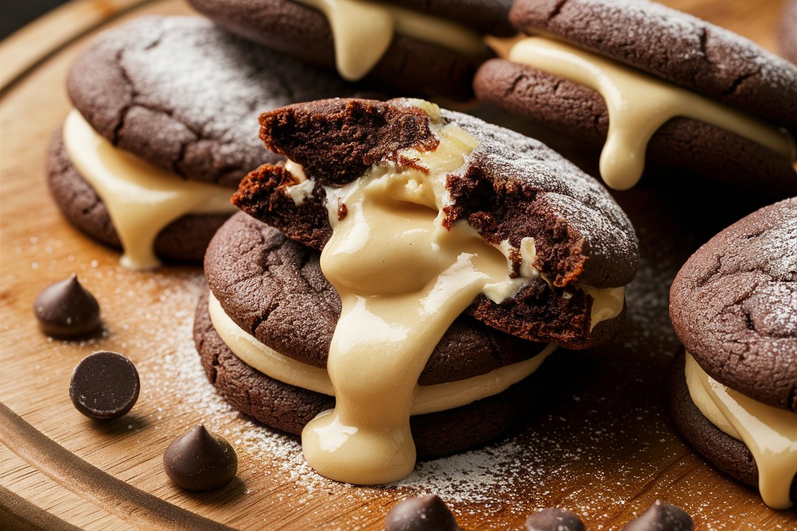 Freshly baked cheesecake stuffed chocolate cookies with a soft, gooey filling.