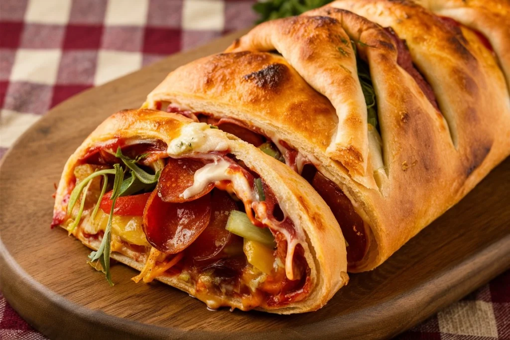 Freshly baked Stromboli sliced into even portions, with melted cheese stretching between each slice.