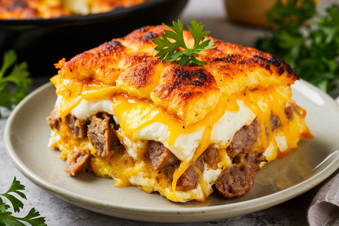 A freshly baked sausage and egg casserole in a baking dish.