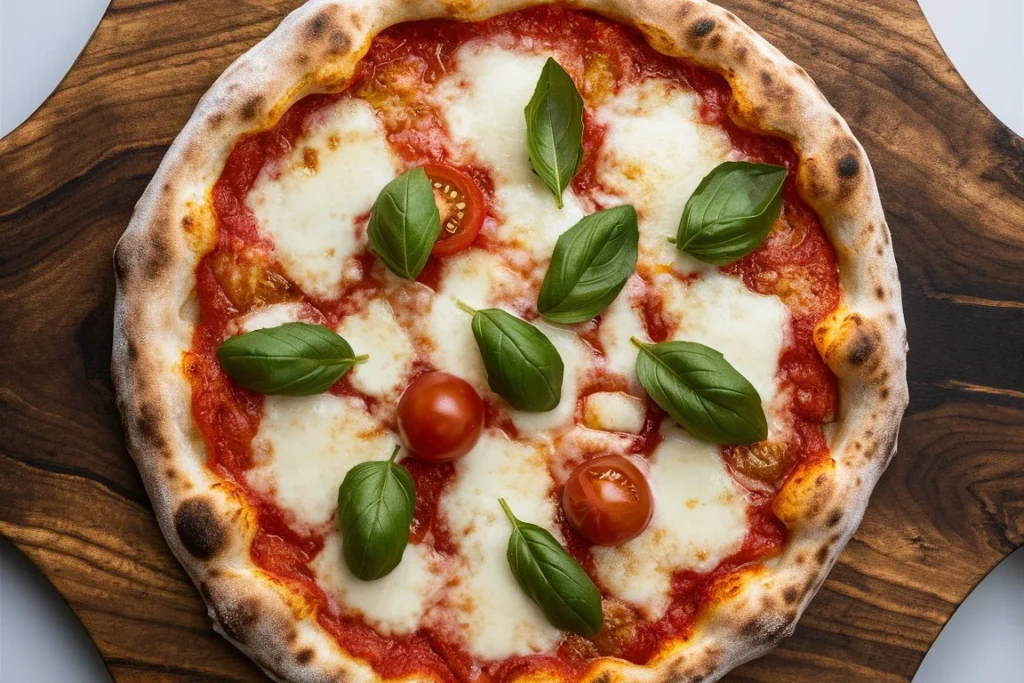 A flat-lay image of fresh Margherita pizza ingredients, including tomatoes, mozzarella, basil, olive oil, and flour