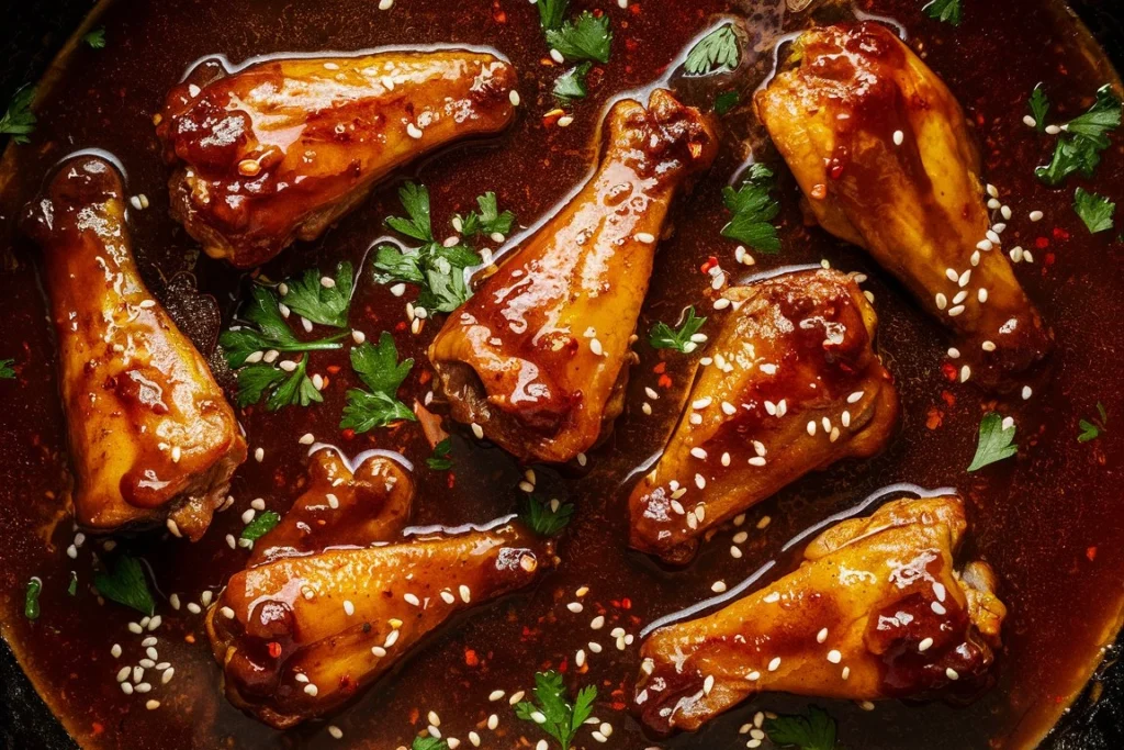 Close-up of Sweet and Spicy Chicken Wings, showing the crispy skin and glossy glaze