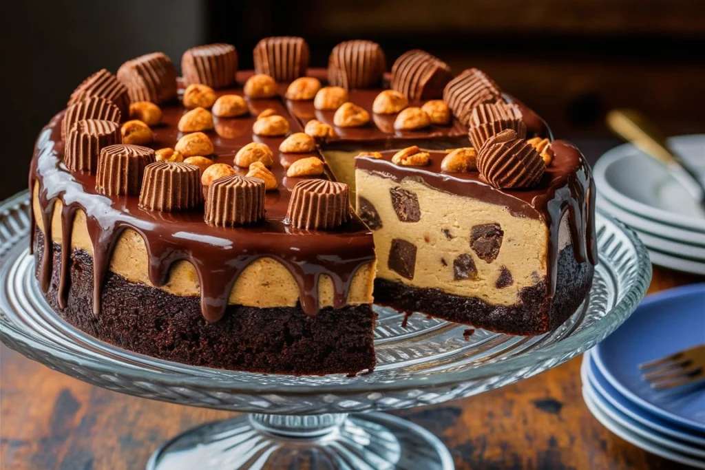 A slice of Reese’s Peanut Butter Cheesecake with drizzled chocolate and peanut butter sauce