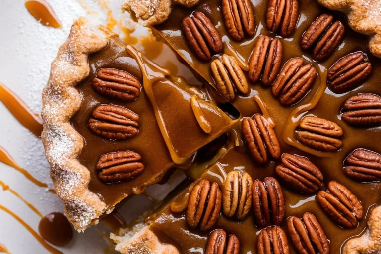 Delicious Praline Caramel Pie with a golden, nutty topping