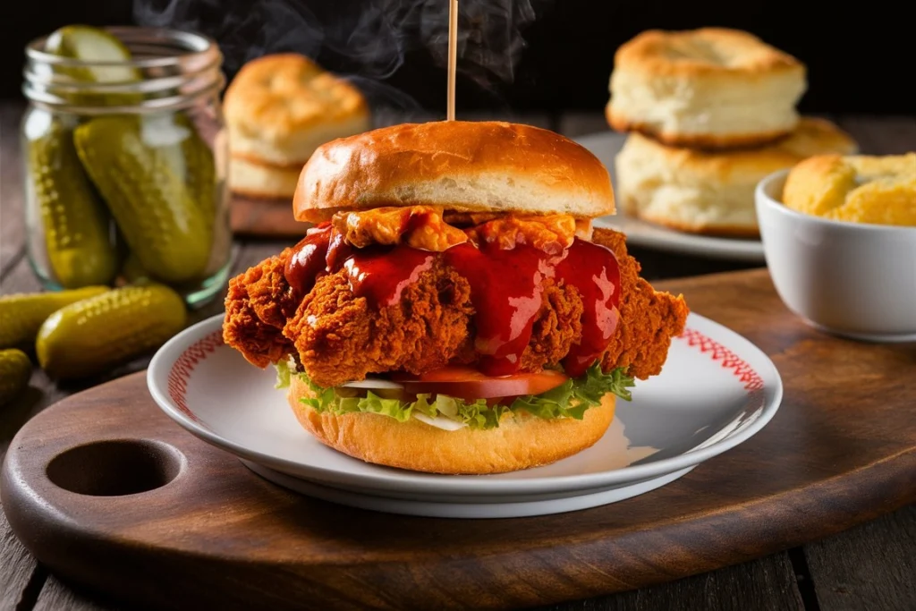 Nashville hot chicken with spicy sauce, crispy chicken, and pickles in a toasted sandwich.
