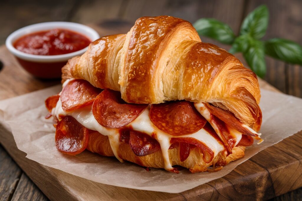 Flaky pepperoni mozzarella croissants fresh out of the oven, with cheese oozing from the center.