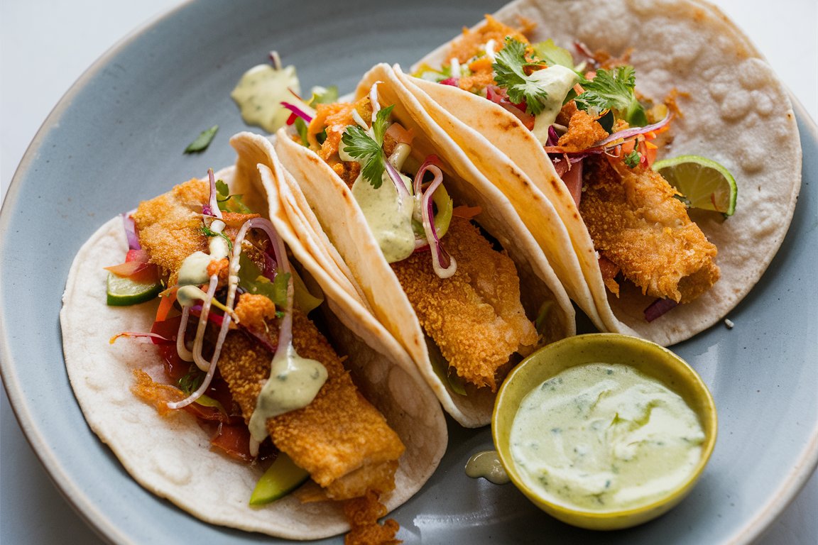 Crispy fish tacos with shredded cabbage, avocado, and a drizzle of chipotle mayo on a warm corn tortilla.