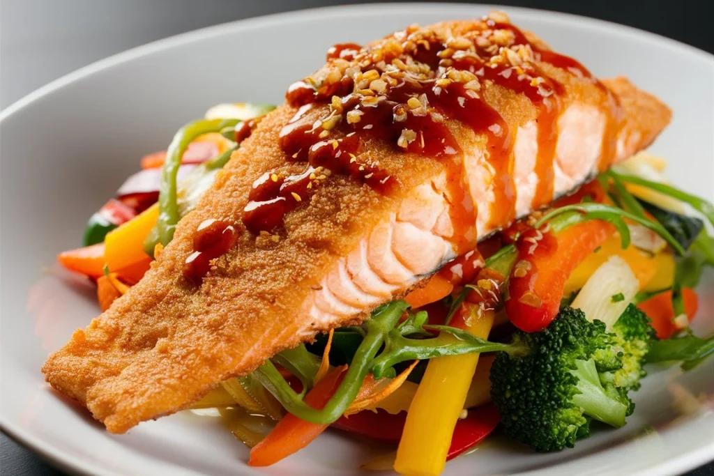 Crispy panko-breaded salmon drizzled with vibrant Bang Bang sauce, garnished with green onions and sesame seeds, served alongside roasted vegetables.