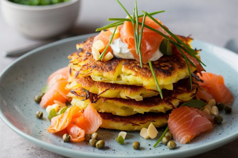 Crispy golden potato pancakes served with sour cream and applesauce on a plate