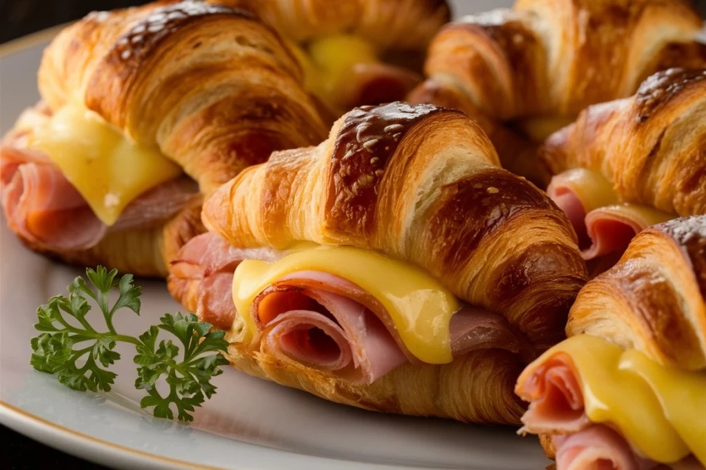 Warm, flaky croissants filled with layers of ham and cheese, fresh out of the oven with a golden, buttery crust.