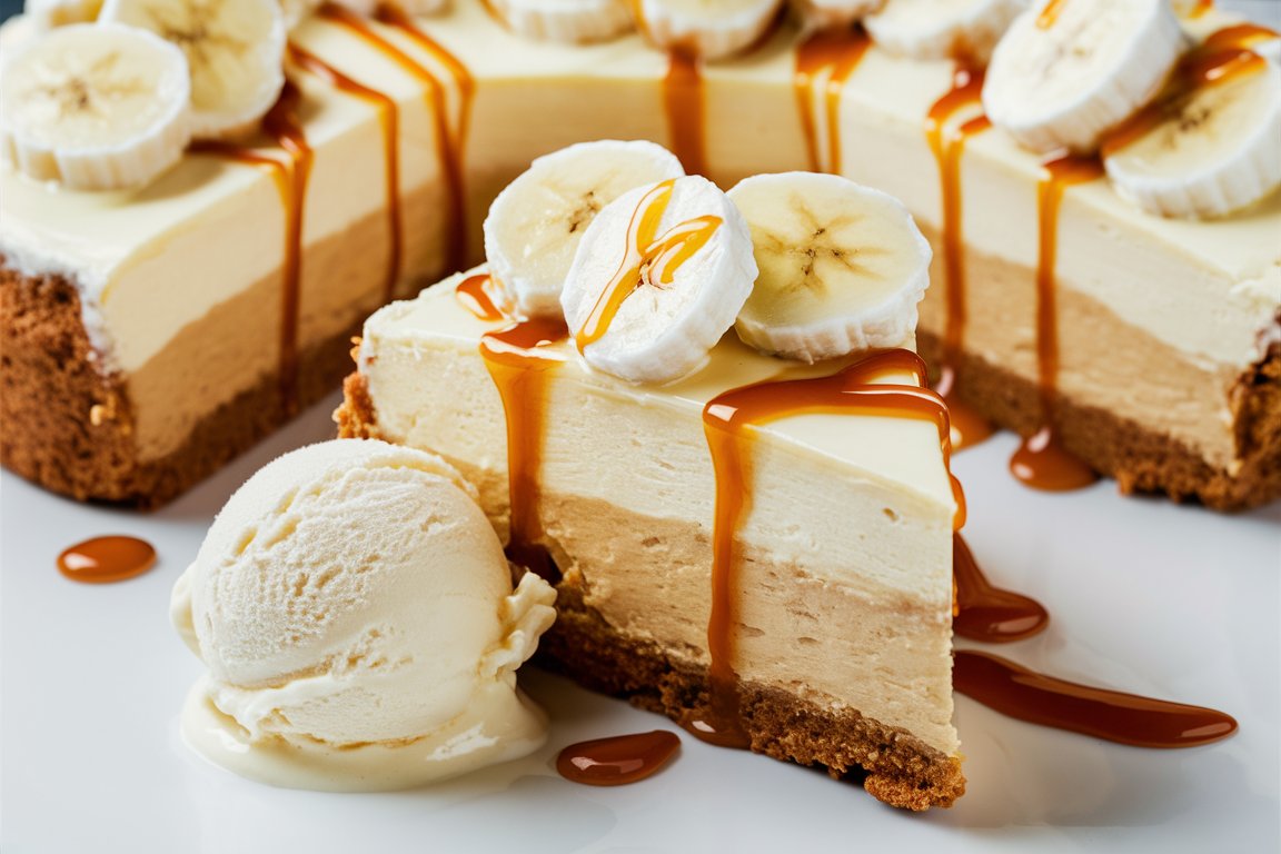 A slice of no-bake banana pudding cheesecake served with fresh banana slices