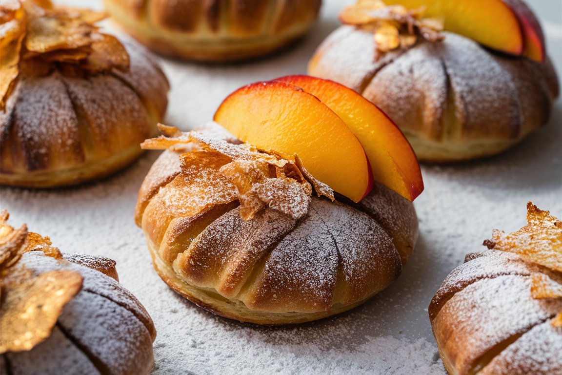 Fresh gluten-free peach muffins on a plate with a cup of tea