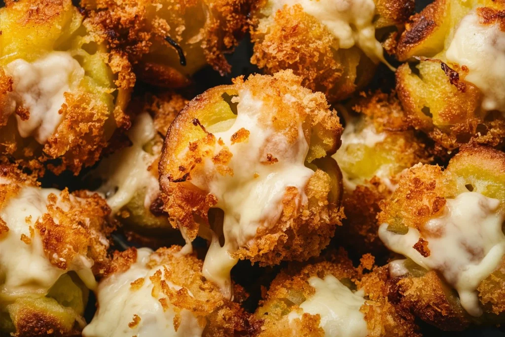 Freshly baked potato puffs arranged on a baking sheet, sprinkled with parmesan and breadcrumbs.
