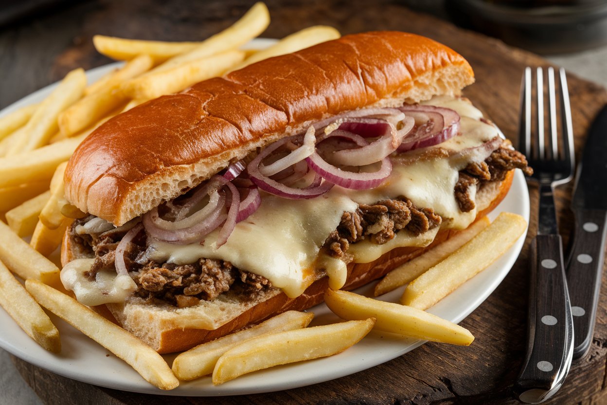 A delicious Philly Cheesesteak Loaded with tender ribeye, melted cheese, sautéed onions, and peppers in a toasted hoagie roll.