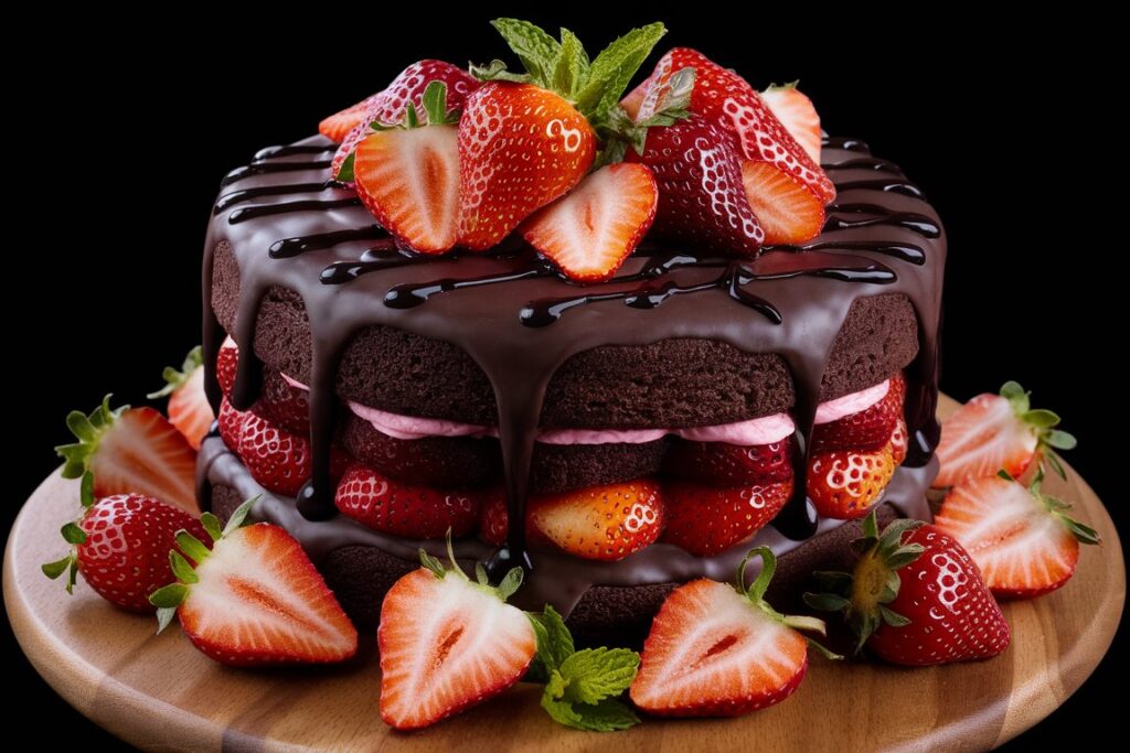 A beautifully decorated chocolate strawberry cake with dripping chocolate ganache and sliced strawberries.