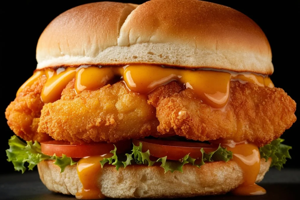 Golden-fried chicken fillet in a soft bun with pickles and sauce.
