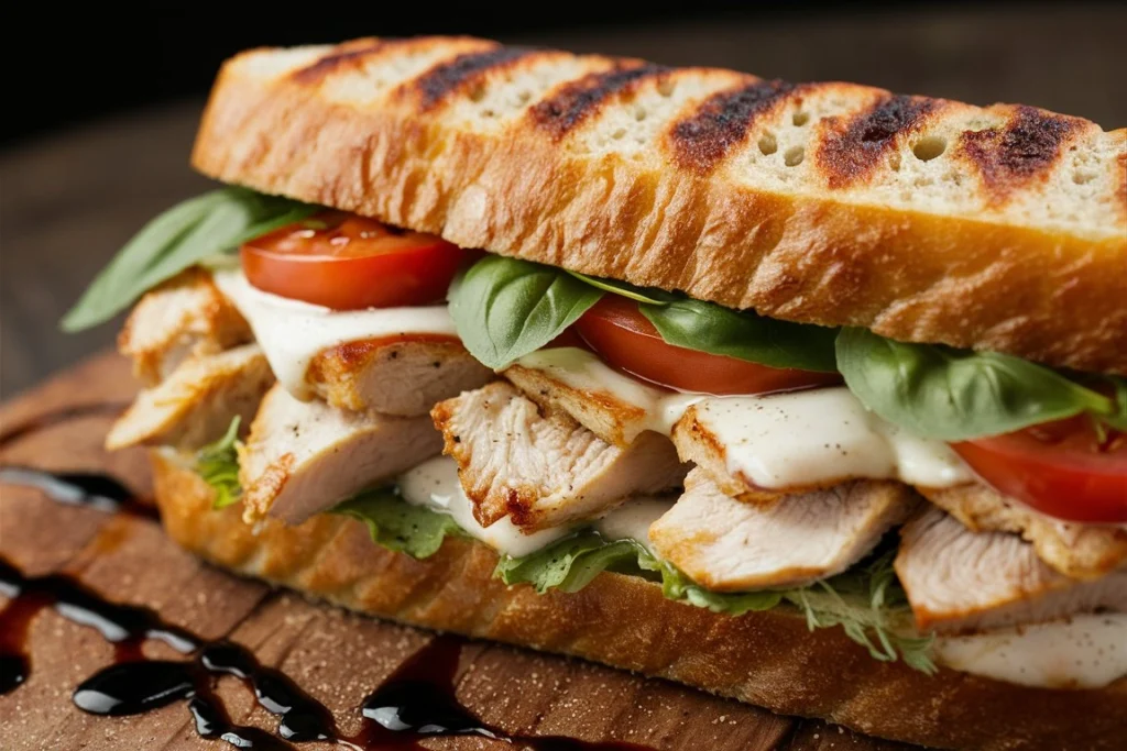 Golden-toasted Italian chicken panini with cheese and tomatoes.
