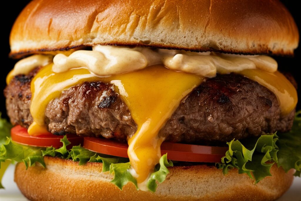 A classic juicy cheeseburger with melted cheddar, fresh lettuce, tomato, and a sesame seed bun.