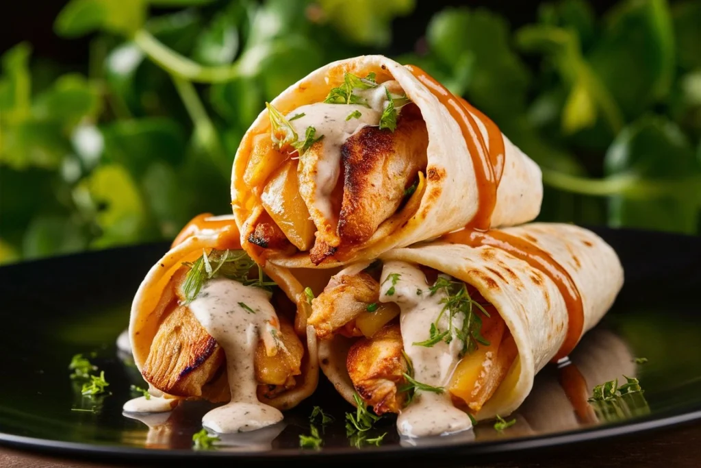 Sliced cheesy garlic chicken wraps served with a side of dipping sauce.
