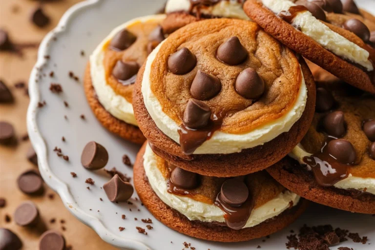 Gooey Chocolate Chip Cheesecake Cookies with melty chocolate chips and powdered sugar dusting.