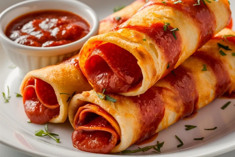 Golden, crispy pepperoni pizza roll-ups on a plate with marinara dipping sauce.