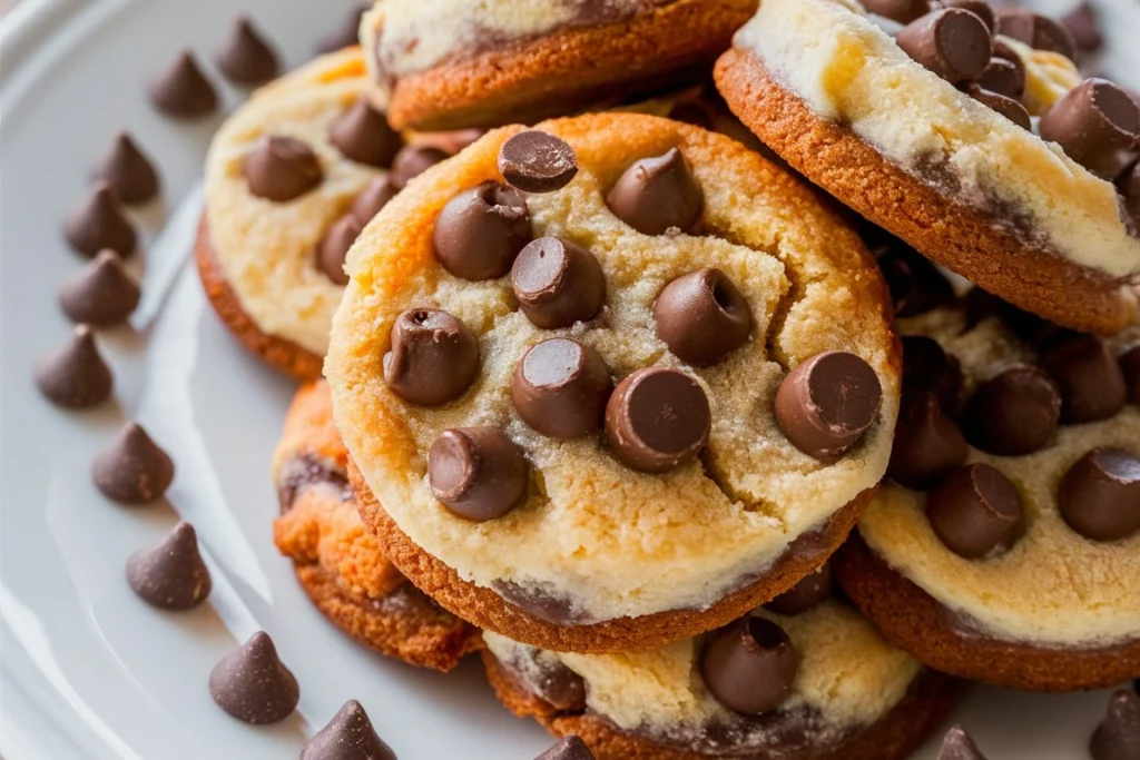 Stacked Chocolate Chip Cheesecake Cookies on a rustic wooden tray.
