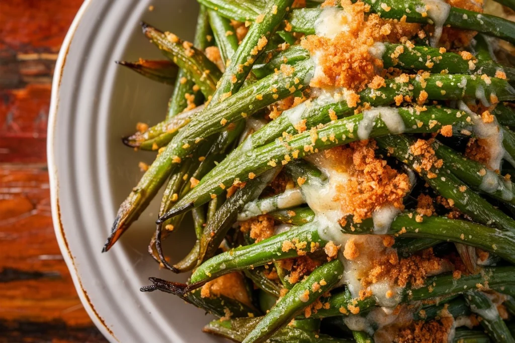 Green beans tossed in olive oil, garlic, and Parmesan before roasting.
