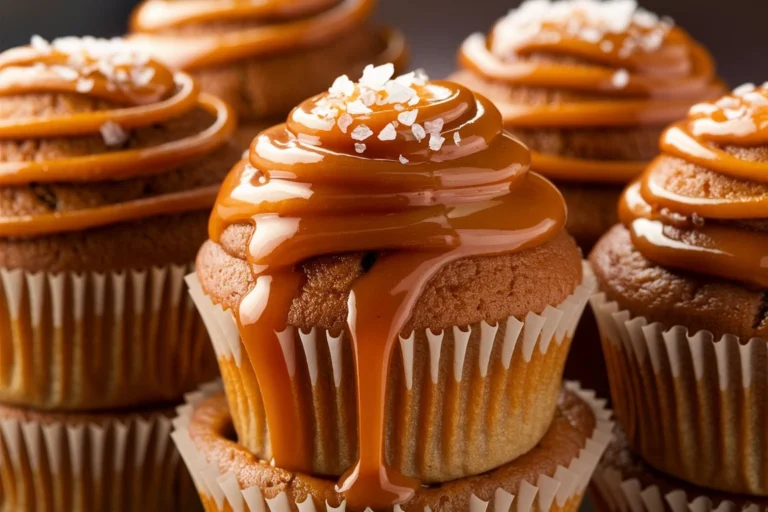 A batch of gooey salted caramel cupcakes with caramel drizzle and a sprinkle of sea salt, served on a rustic wooden tray.