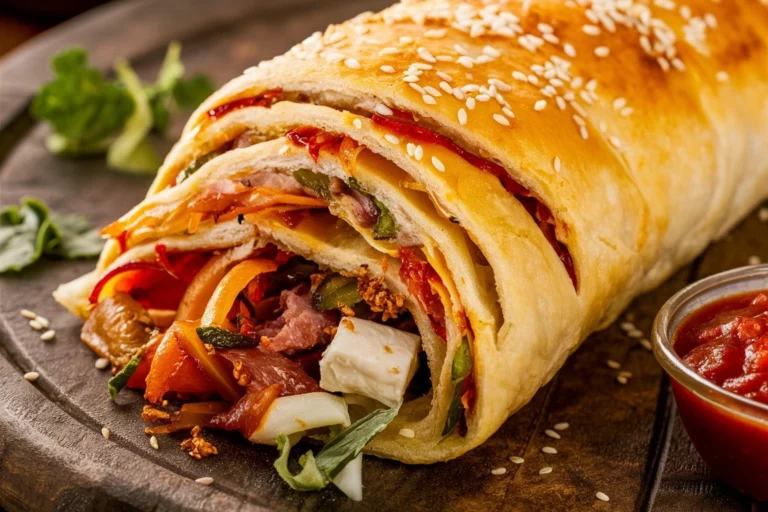 Golden-brown Stromboli sliced open, revealing layers of melted cheese, pepperoni, and ham, served with a side of marinara sauce