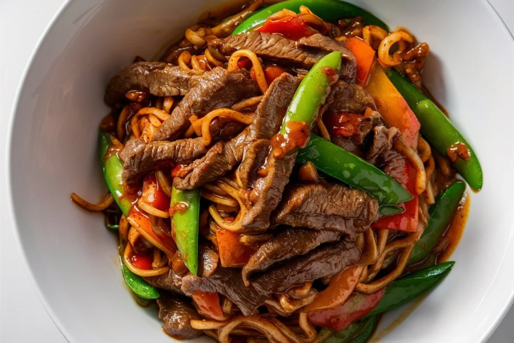 Colorful beef stir fry with noodles, vegetables, and a savory sauce on a plate.

