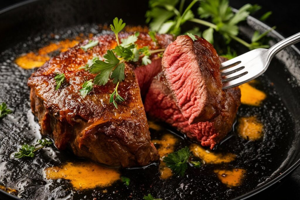 Sizzling steak in a pan with melting Cajun butter