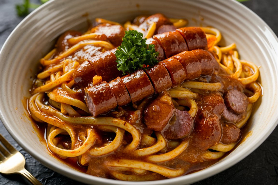 A bowl of honey garlic sausage pasta with sausage, pasta, and a rich garlic sauce.