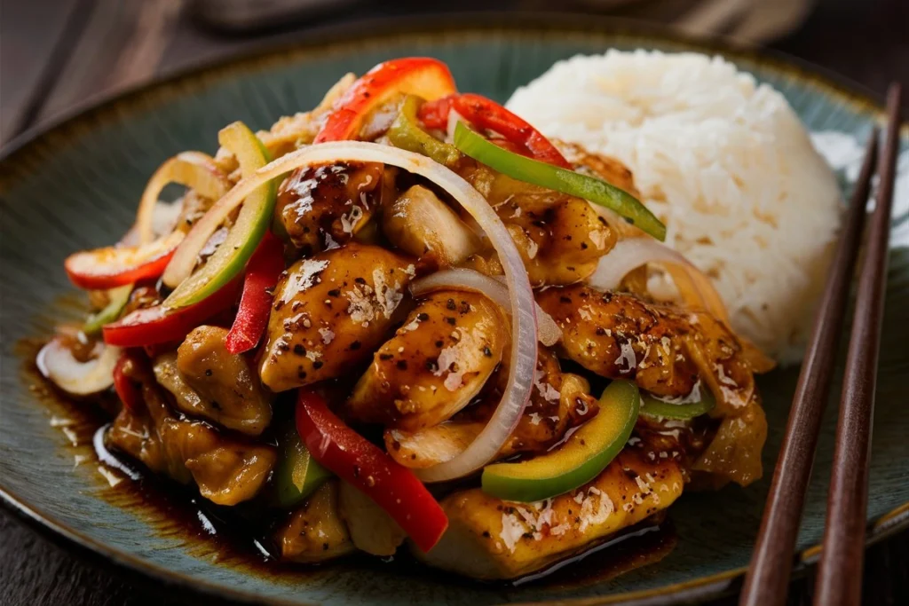 A plate of Black Pepper Chicken stir-fry with bell peppers and onions, served over jasmine rice, with a rich, glossy sauce