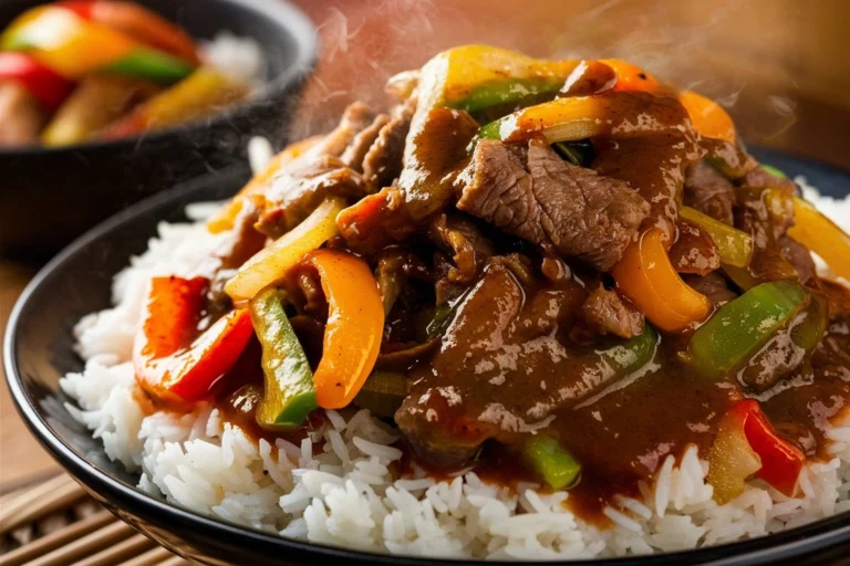 Pepper steak with sliced bell peppers and onions in a savory sauce