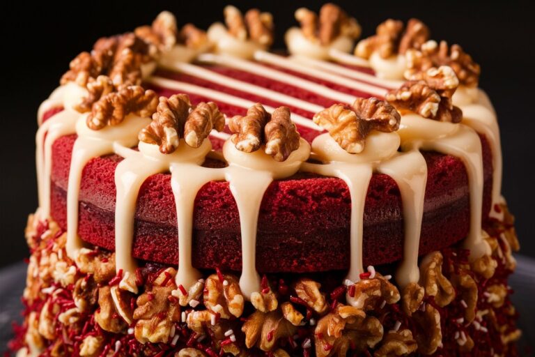 A slice of red velvet cheesecake cake with layers of red velvet cake, creamy cheesecake, and smooth cream cheese frosting.