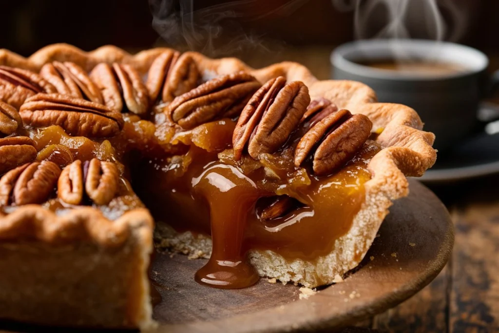 Close-up of a slice of Praline Caramel Pie on a plate
