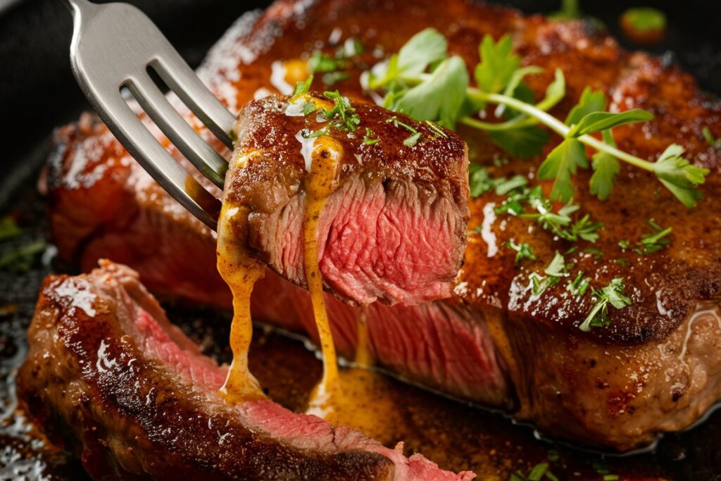 Cajun butter steak served with mashed potatoes and grilled vegetables.
