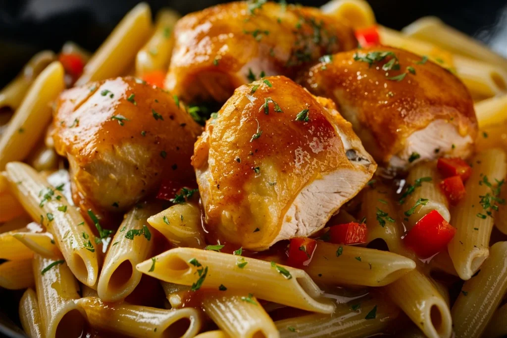 A mouthwatering bowl of Honey Pepper Chicken Pasta with tender chicken and creamy sauce.