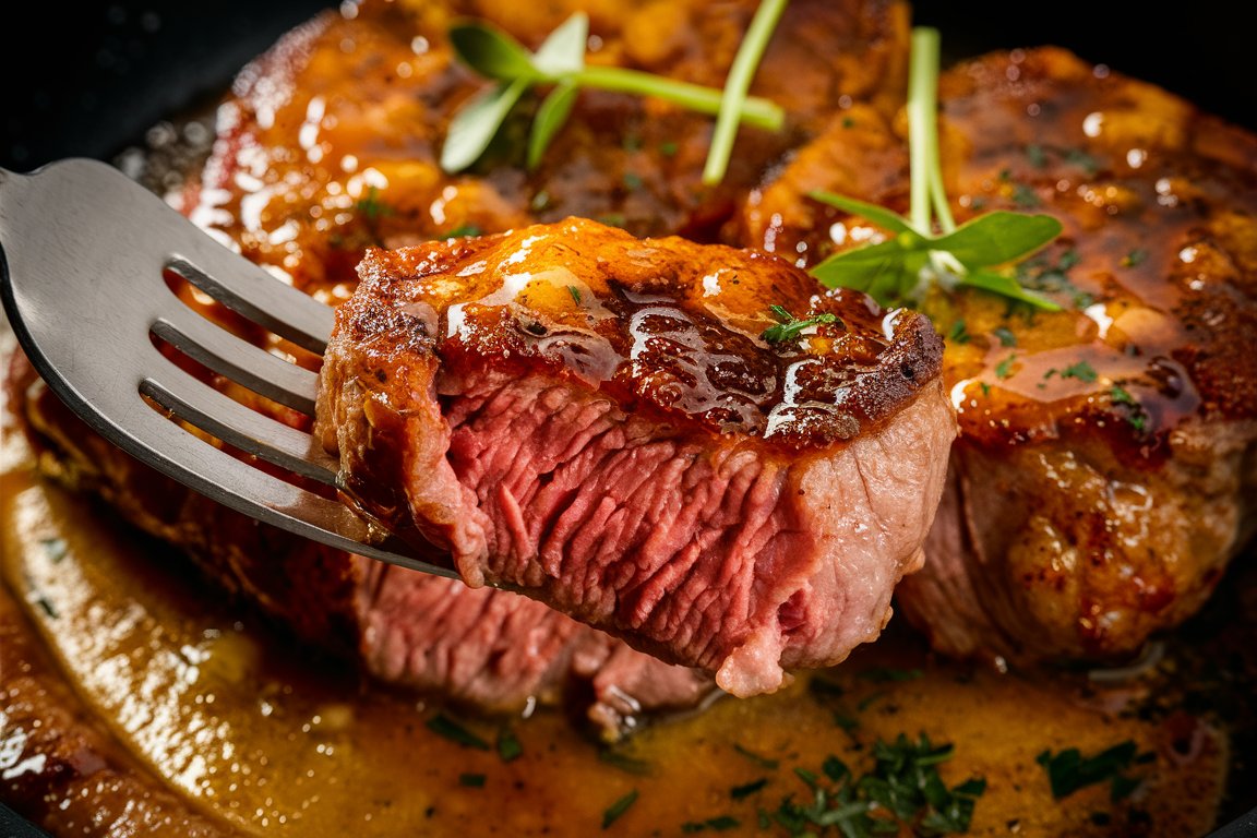 Cajun butter steak sliced on a plate with a rich, golden sauce.