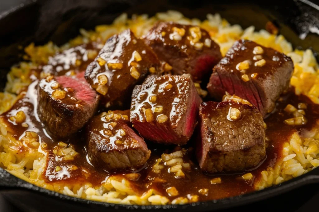 A spoon scooping a bite of honey garlic butter steak and rice, highlighting the caramelized steak and savory sauce